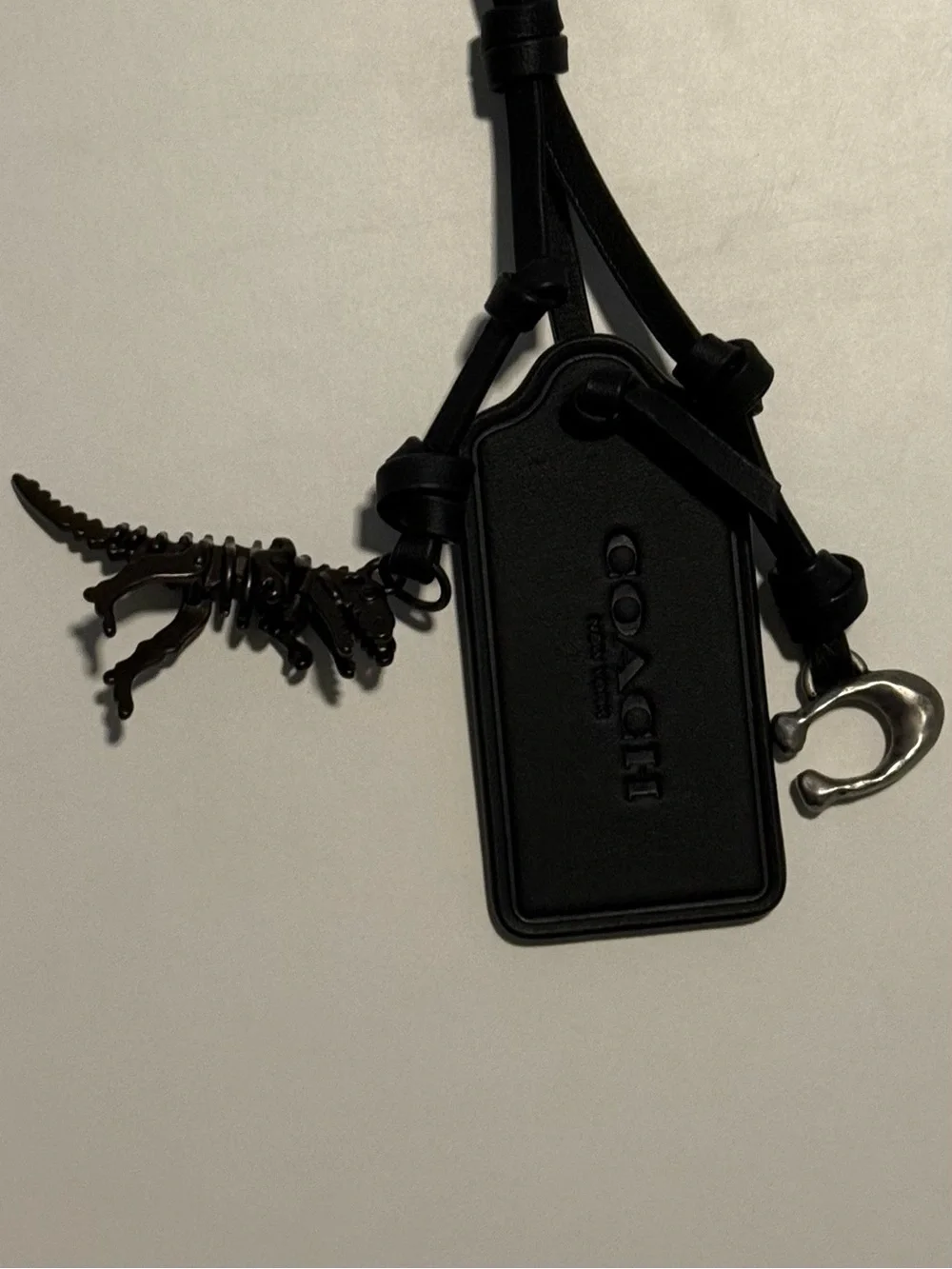 Coach Black Leather Bag Charm, Black Hang Tag with Rexy Charm.
